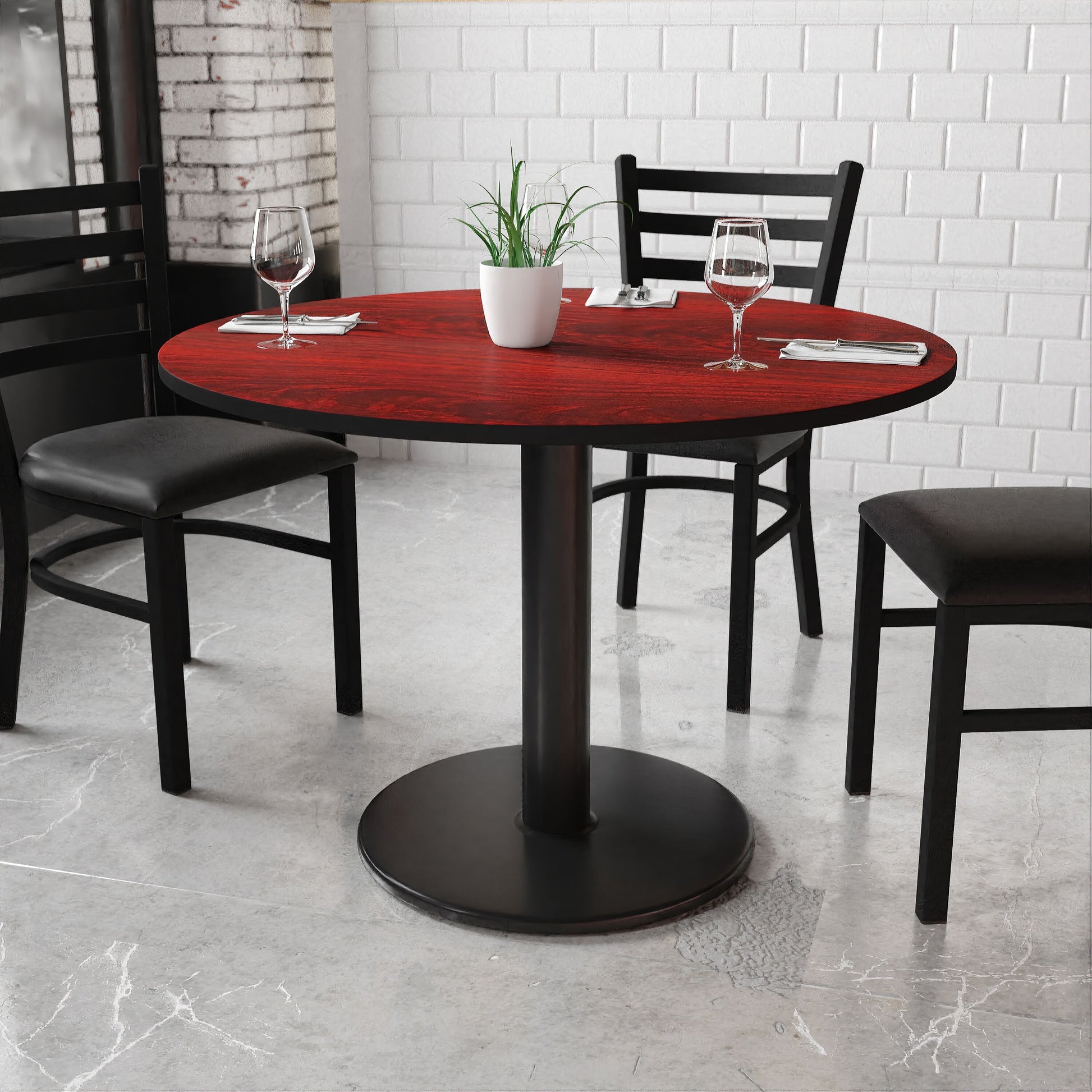 Flash Furniture Mahogany Round Contemporary/Modern Wood veneer Dining Table, with Black Finish and Metal Pedestal Base 42-in L x 31.13-in H