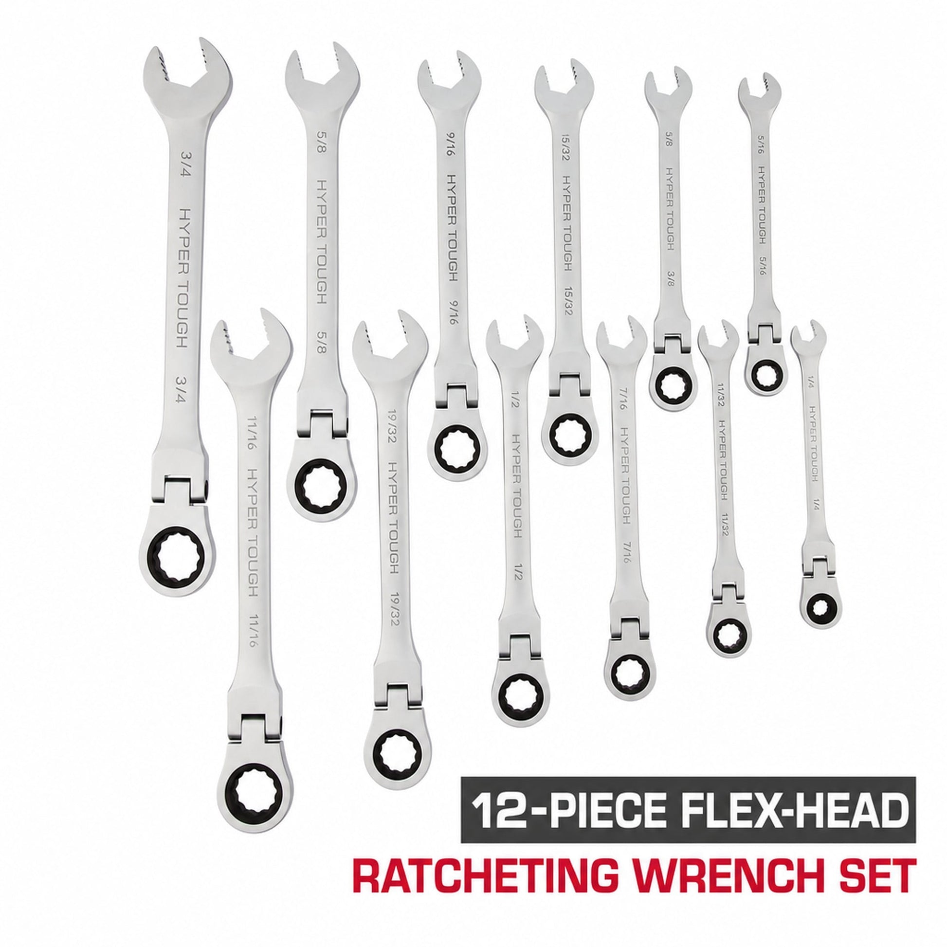Hyper Tough Flex-Head Ratcheting Wrench Set, SAE, 12 Pieces