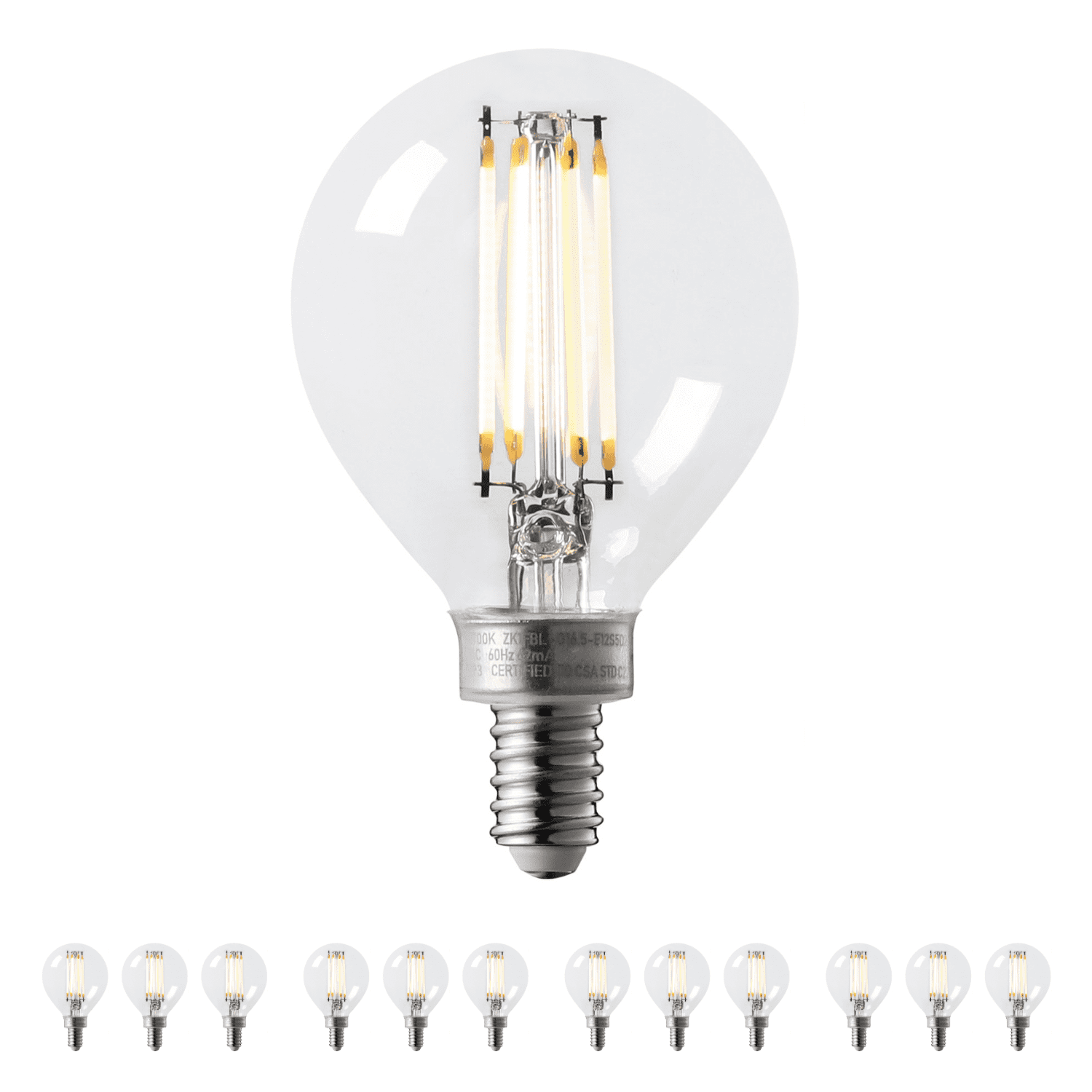 12 Pack Dimmable G16.5 LED Bulb, 5.5W (60W Eqv.), E12 Base, 500lm, Edison Filament Bulb for Chandelier, Ceiling Fan, Vanity, 2700K Soft White Clear Glass