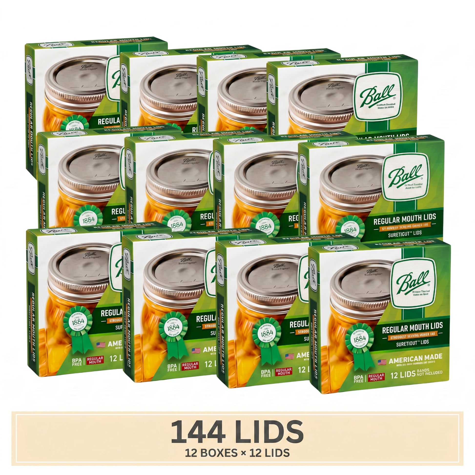 (12 pack) Ball 1440031050 1440032000 Canning Jar Lid, 2.4 oz Capacity, Steel, Silver Cap/Lid - pack of 12