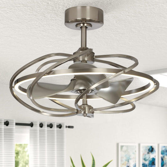 Parrot Uncle 27.0-in Integrated LED Satin Nickel with Satin Nickel Blades Fandelier Ceiling Fan With Light - Remote Included ( 3.0 -Blade ) 1695339