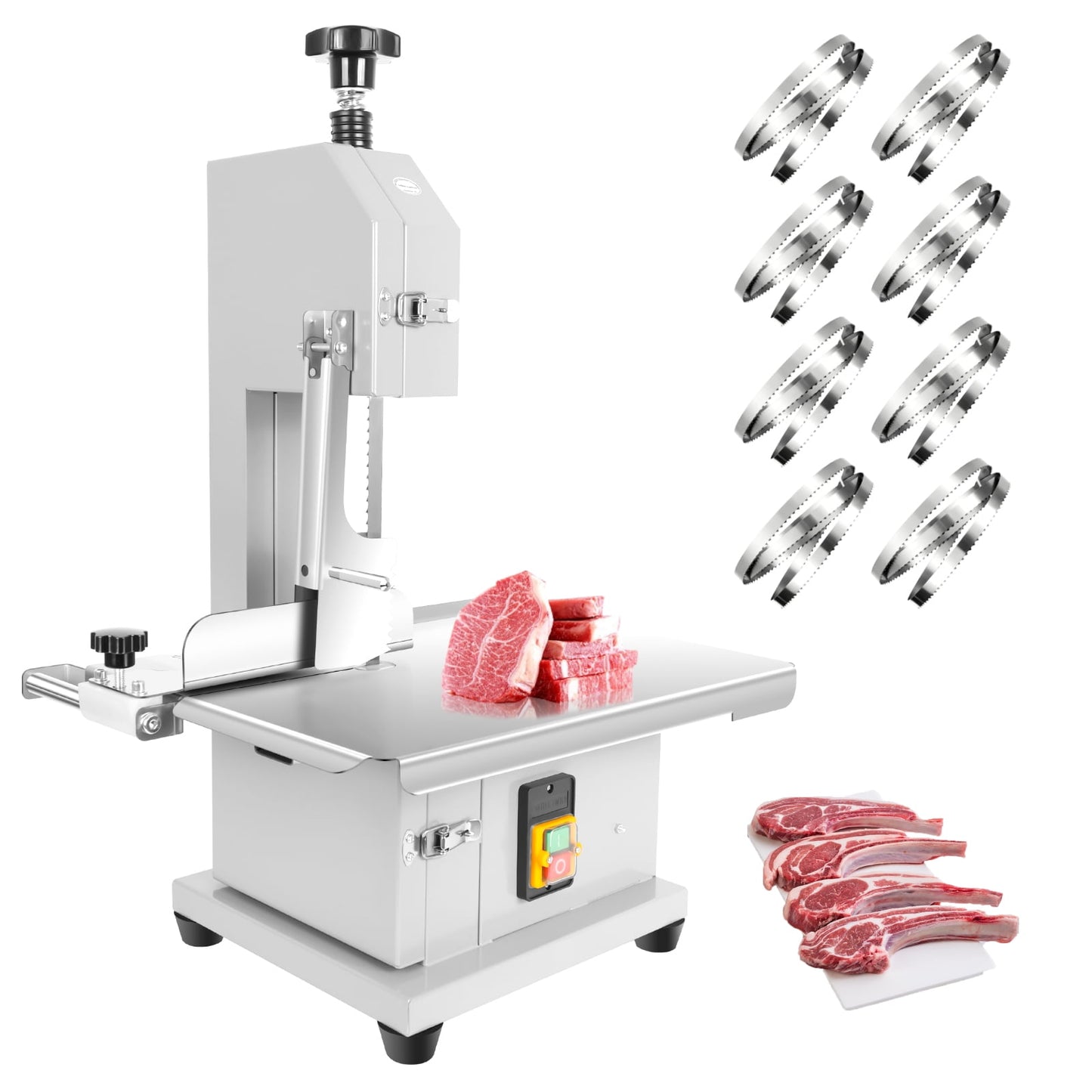 1500W 110V Electric Meat Cutting Machine, Stainless Steel Meat Bandsaw with 440-660 LBS/H Efficiency, Frozen Meat Cutter with 8 Saw Blades, Bone Saw Machine for Pork, Chicken, Restaurant