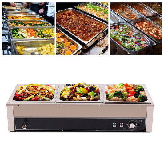 1500W Commercial Food Warmer Electric 3-Pan Food Warmer Steam Table Buffet Bain Marie Countertop