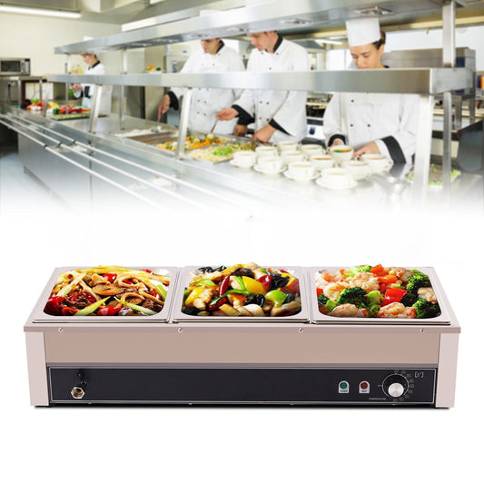 1500W Commercial Food Warmer Steam Table Buffet Server Countertop 3-Pan Stainless Steel