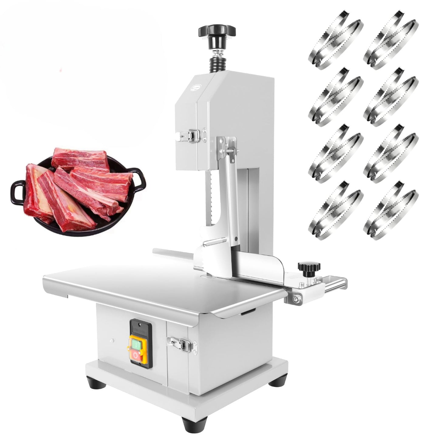 1500W Electric Bone Saw Machine, Meat Bandsaw with 8 Saw Blades, Stainless Steel Frozen Meat Cutter, Meat Cutting Machine for Fish, Chicken, Restaurant