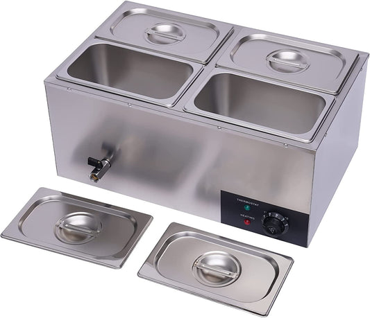16.8QT 600W  Electric Food Warmer, 4-Pan Steam Table Stainless Steel Bain Marie Buffet Countertop with Temp Control & Lid Food Warmer Buffet Server Heater for Catering Restaurant Party