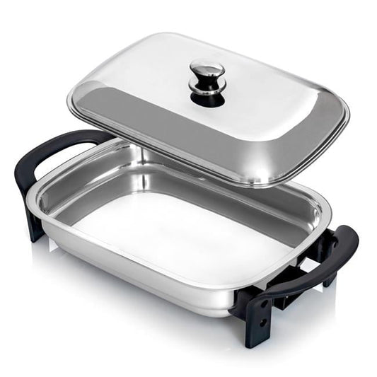 16 in. Electric Skillet - Rectangular Stainless Steel Pan with Handles & Lid Cover