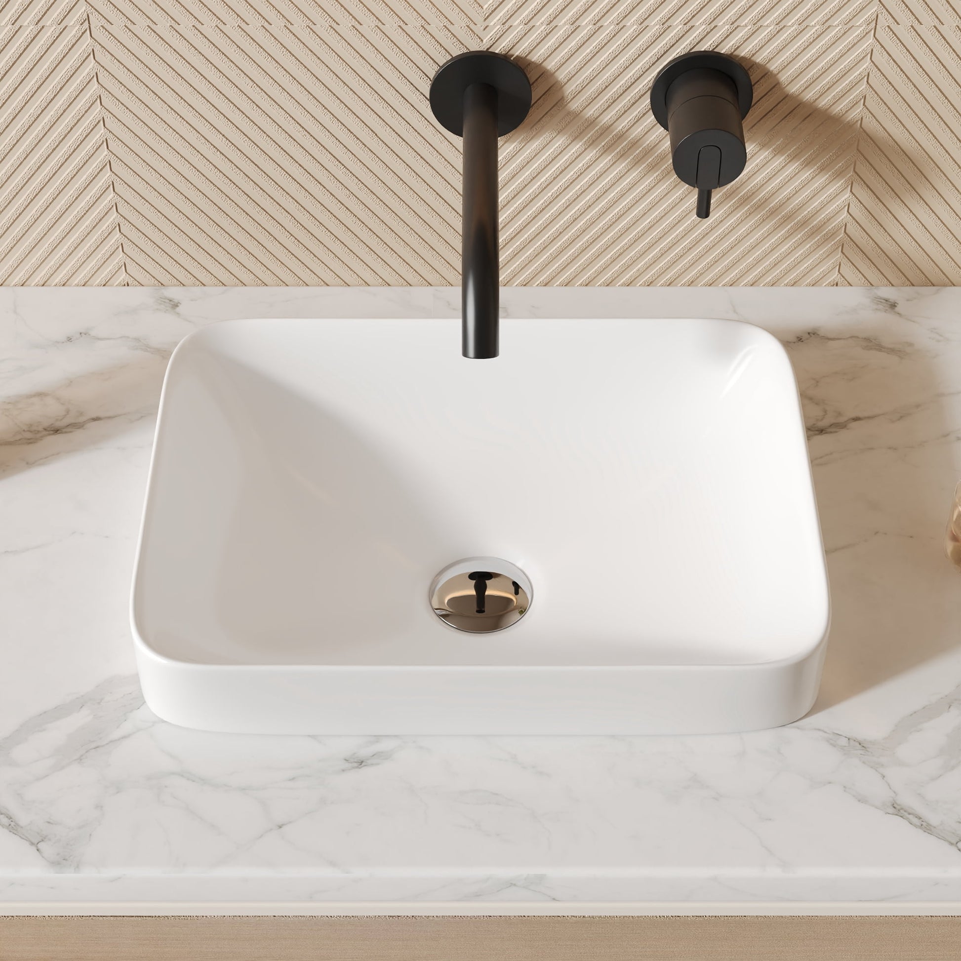 16 in. L x 12 in. W Rectangular Bathroom White Ceramic Semi-Recessed Vessel Sink Art Basin without Overflow