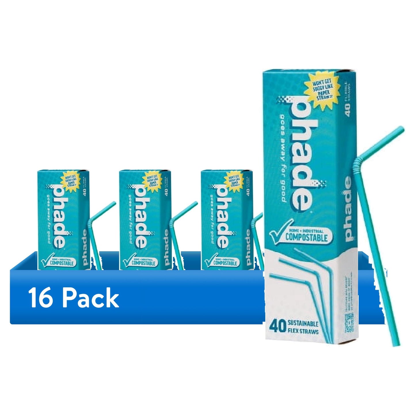 (16 pack) Phade Blue Flex Sustainable Compostable Straws 40 Count