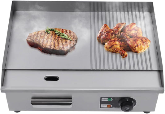 1600W Electric Griddle Stainless Steel Countertop Grill Flat Top Griddle for Home and Commercial, 50~300℃ Adjustable Temperature, with Flat and Fluted Sections (22in)
