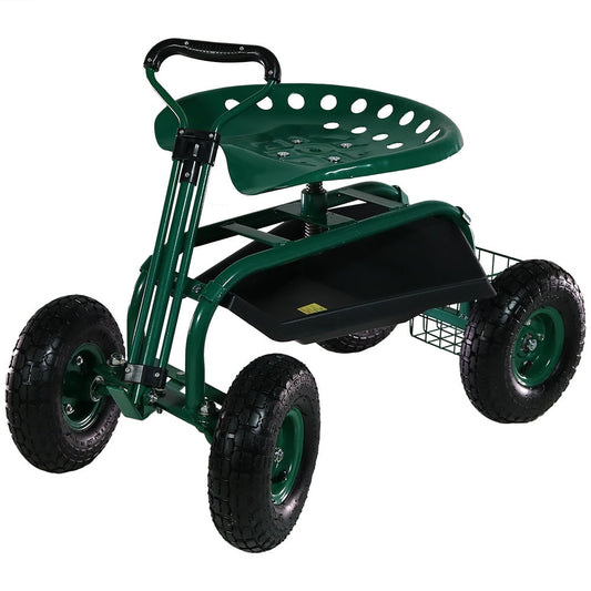 Sunnydaze Decor Green Steel Garden Cart with Adjustable Height Seat and Utility Basket - 330 lb. Weight Capacity QH-ESRC991-GN