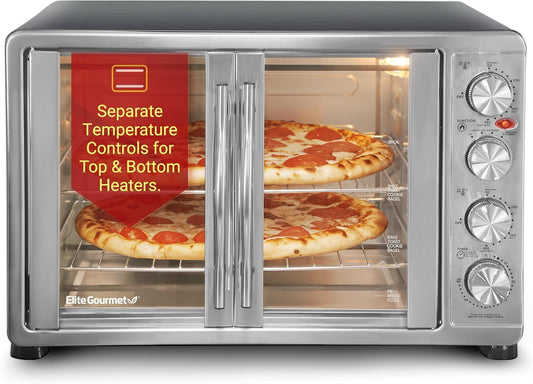 18-Slice 47.5Qt French Door Convection Oven with 4-Control Knobs, Bake/Broil/Toast/Rotisserie/Keep Warm Functions, 2 x 12 Pizza Racks, Stainless Steel Design