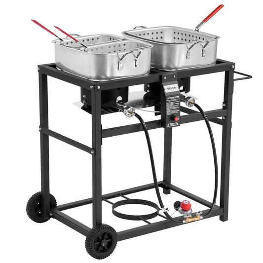 18QT x2 commercial propane outdoor fryer, heavy duty cart on wheels, and dual tank system for backyard cooking