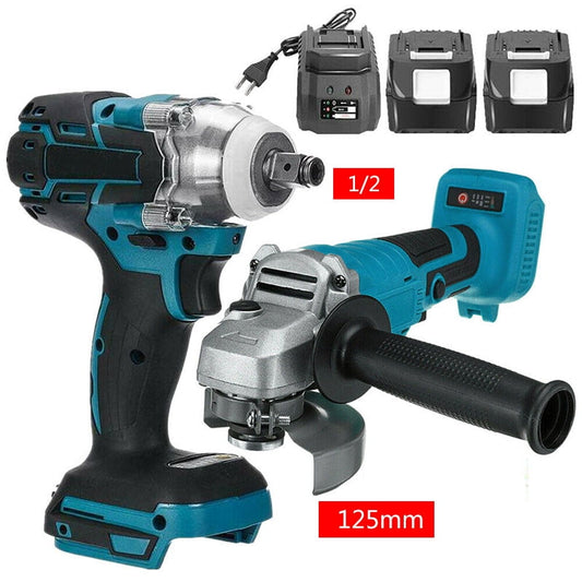 18V Tools Combo Kit 1/2" Impact Wrench & 125mm Angle Grinder & 2 Battery For Makita, Blue