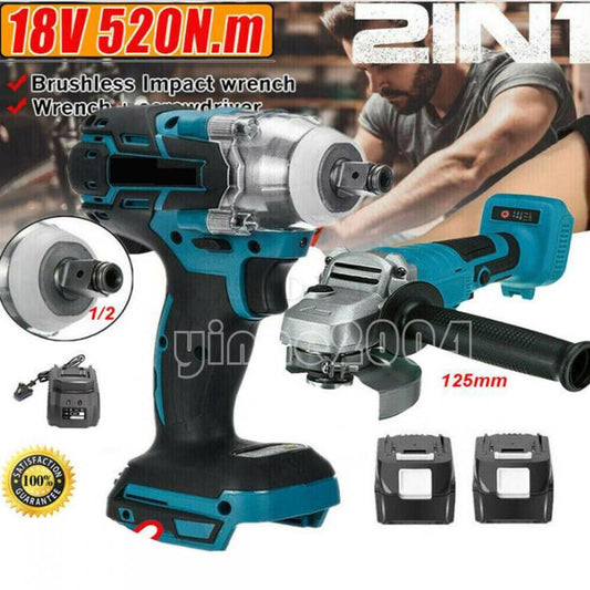 18V Tools Combo Kit 1/2" Impact Wrench+125mm Angle Grinder &2 Battery For Makita