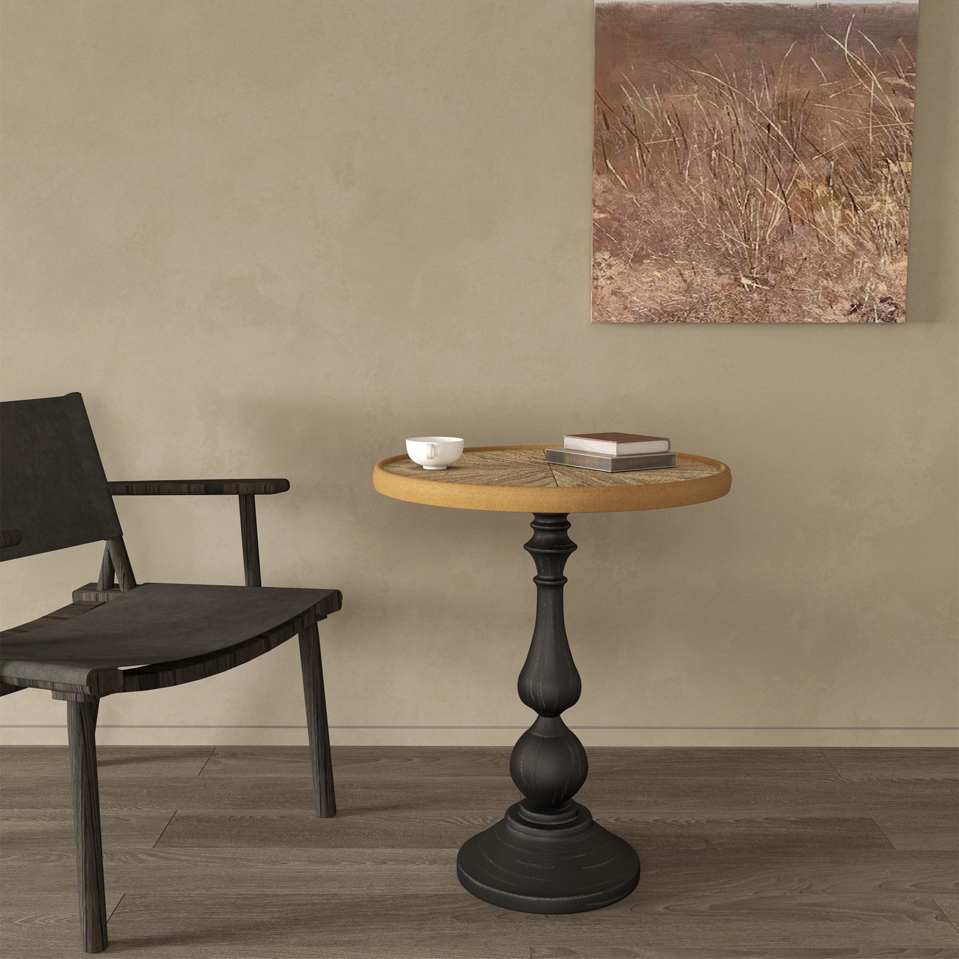 19.9-Inch Round Vintage Side Table with Black Metal Pedestal Base, French Country Accent Coffee Table and End Nightstand for Living Room, Natural Wood