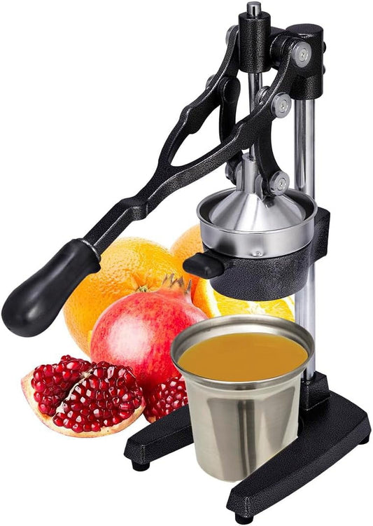 19 Inch Height Extra Tall Commercial Heavy Duty Cast Iron Hand Press Manual Orange Citrus Lemon Lime Grapefruit Pomegranate Fruit Juice Squeezer Machine with Stainless Steel Cup Black