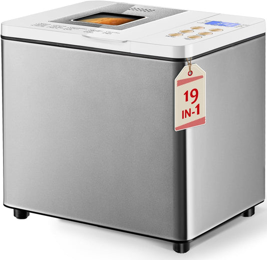 19-in-1 Stainless Steel Bread Maker Machine With Gluten-Free Setting, Quiet Bread Machine Smart Dual-Heaters, Auto Breadmaker With Nonstick Pan, 15H Timer&1H Keep Warm, Best Recipes for Sourdough