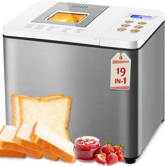 19-in-1 Stainless Steel Bread Maker With Smart Dual Heaters, Quiet Bread Machine with 15 H Timer & 1 H Keep Warm, Auto with Food-Grade Heat-Conductive Non-Stick Pan, Recipes for Gluten-Free