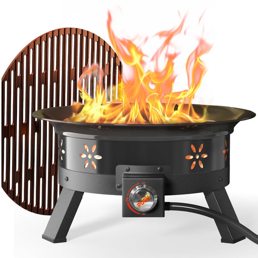 19 inch Portable Fire Pits with Grill for Outside 58000 BTU Gas Fire Bowl with Foldable Legs & Lid & Carry Kit & Lava Rock Stone