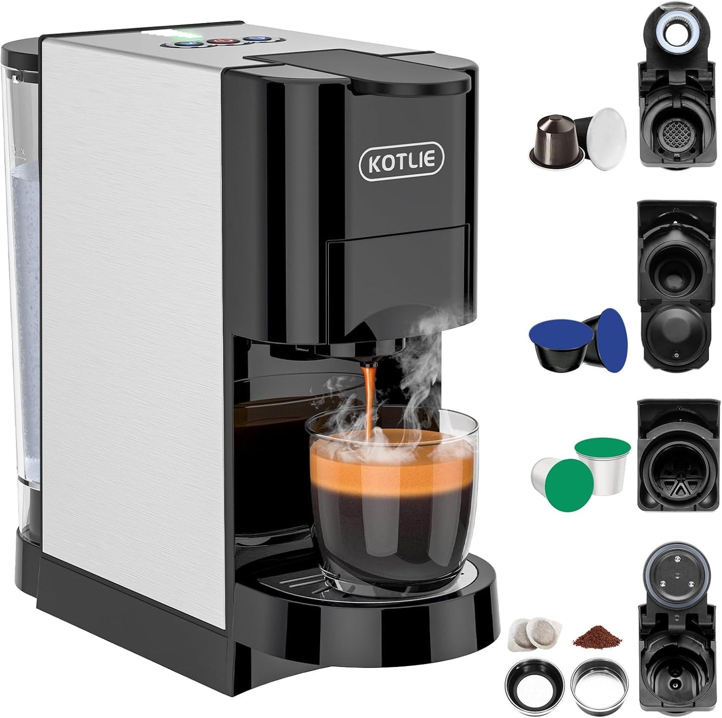 19Bar Single Serve Coffee Maker, 5in1 Espresso Machine for Keu* kcup Capsules/Nespresso Original/Dolce Gusto/Ground Coffee/44mm ESE, Level 7 Water volume, Hot&Cold Brew Coffee Machine
