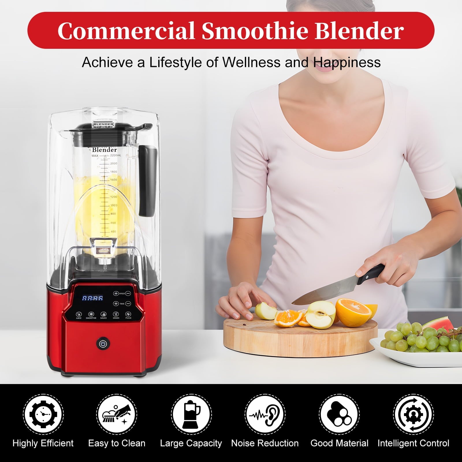 2.2L Commercial Smoothie Maker Fruit Juicer Mixer Ice Crusher Soundproof Blender