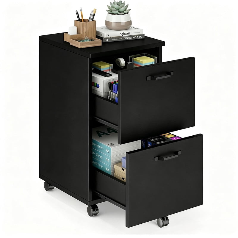 2 Drawer Filing Cabinet, Wood Rolling Filing Cabinets with Printer Stand, Under Desk Storage Lockable Wheels, Home Office Organizer for A4 Letter Legal Size Documents,Black
