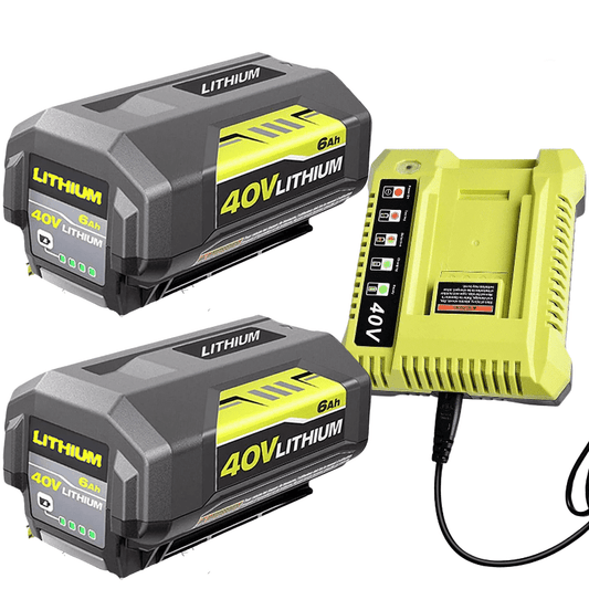 2 Pack 6.0Ah 40 Volt Replacement for Ryobi 40V Battery and Charger Kit Lithium OP4040 OP40401 OP4026 OP40261 OP4050 OP40601 (Green)