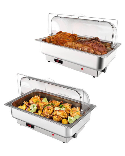 2 Pack Electric Chafing Dish Buffet Set 9QT Adjustable Temp Roll Top Food Warmer with Full Size Pan,Stainless Steel Buffet Servers and Warmers,Temp Display Transparent Lid Chafers for Parties Weddings