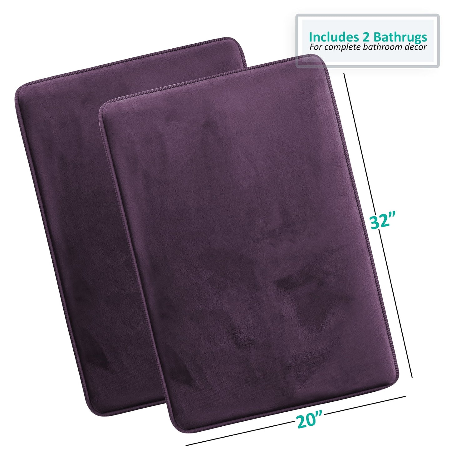 2 Piece Premium Memory Foam Bathroom Mat Set - Absorbent Luxury Plush Non Slip Carpet for Tub Shower & Bath Room, Soft Floor Mats, Machine Washable - Set of 2 20x32 inch Bath Rugs, Eggplant