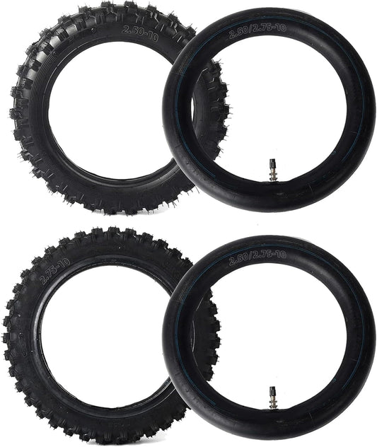(2-Set) 2.50-10" and 2.75-10" Dirt Bike Tires and Inner Tubes - 2.50-10" Front and 2.75-10" Rear Upgrade Off-Road Tires and Tubes for CRF50 and JR50