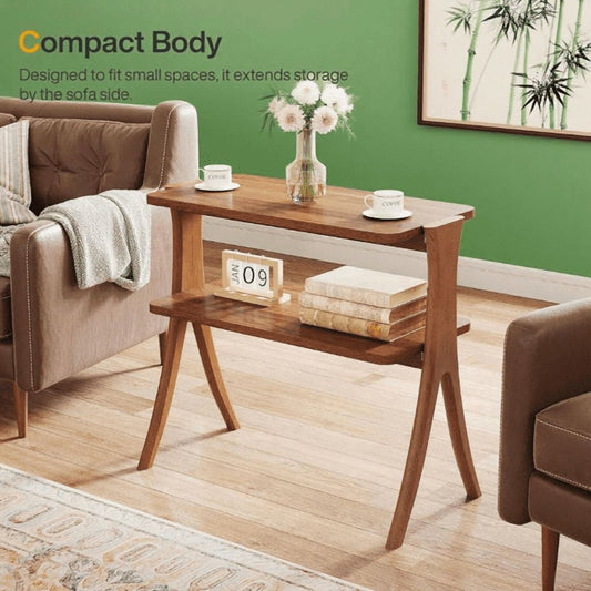 2-Tier Narrow Side Table, Walnut Wood Grain, Herringbone Legs for Living Room/Bedroom/Entryway