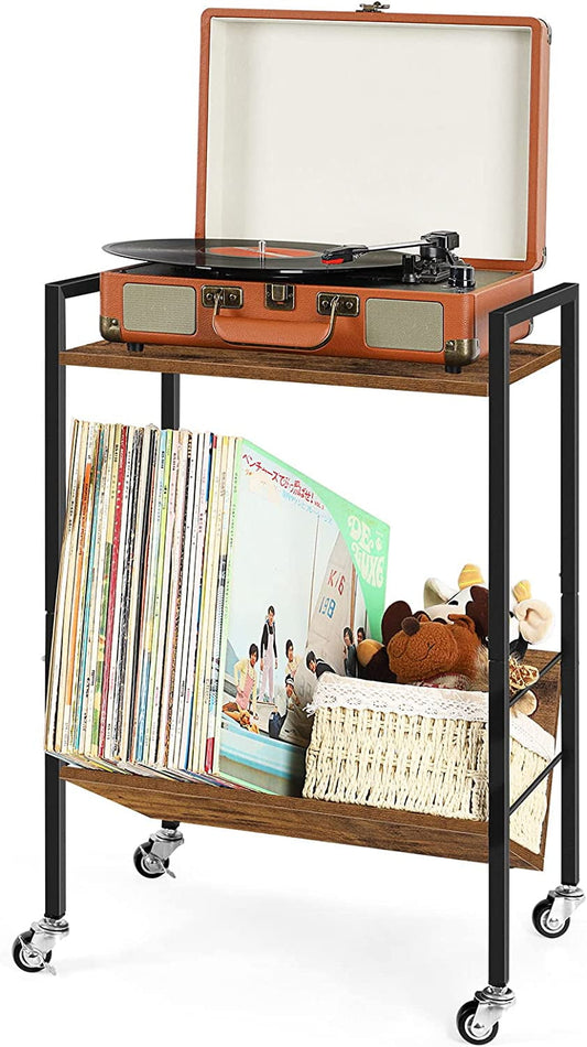 2 Tier Record Player Stand End Table with Vinyl Storage Shelf, Brown