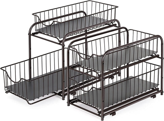 2-Tier Under Sink Storage Sliding Basket Organizer Drawer 2 Pack, Brown
