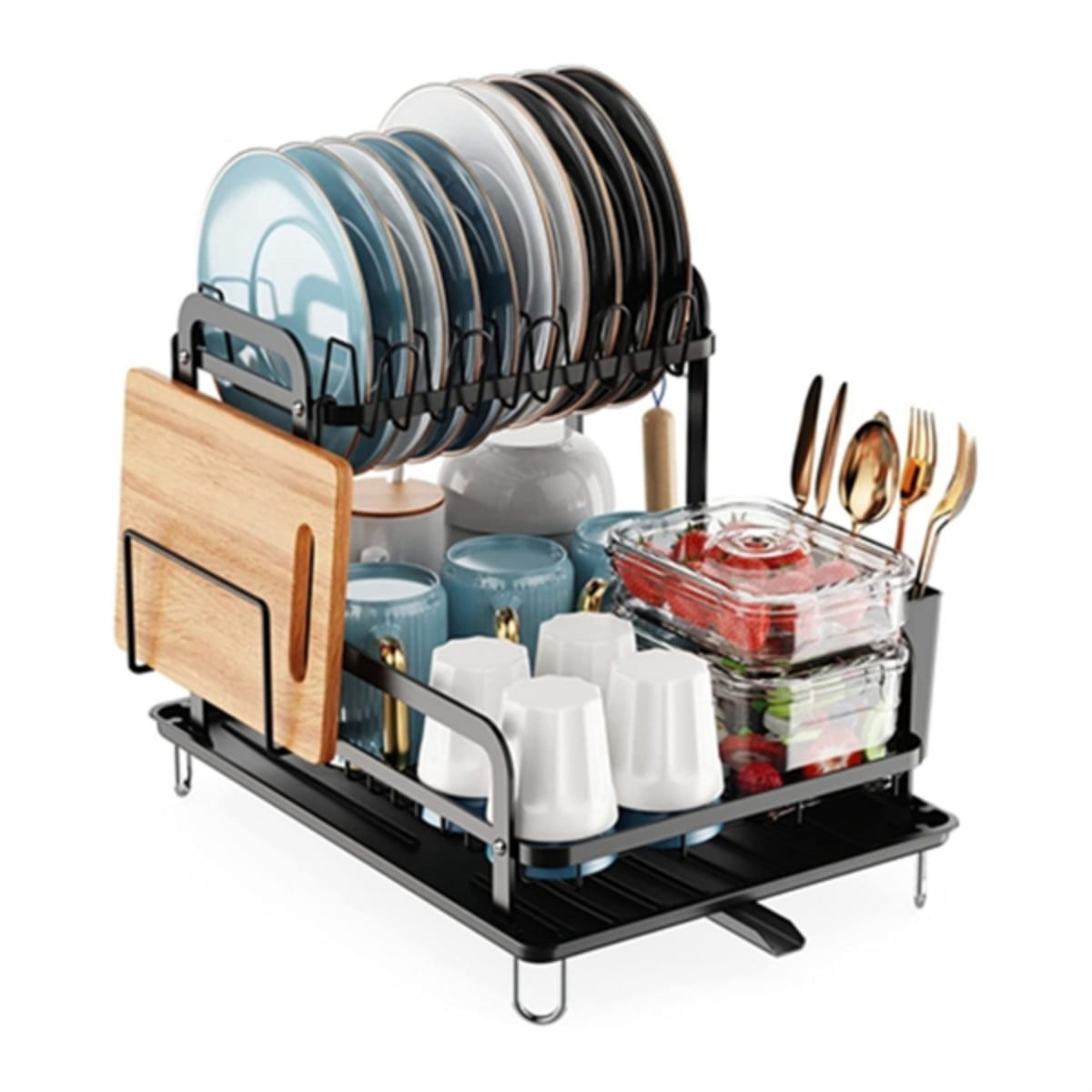 2 Tiers 16.65x14.57x13.11in Dish Drying Rack for Kitchen Dish Rack with Drainboard Detachable Kitchen Drainer Organizer Set with Utensil Holder Bowl Rack Dish Rack