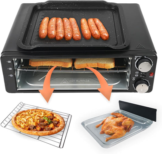 2-in-1 Breakfast Station, Non-Stick Griddle and 6-Slice Toaster Oven, Electric Pizza Oven Commercial Pizza Maker Countertop Pizz