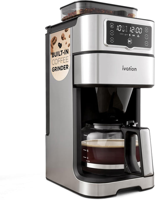 2-in-1 Drip Coffee Maker & Grinder – Programmable Auto Brew & Timer - Warming Plate - 10 Cup - Reusable Filter Basket – 1.5L Wat
