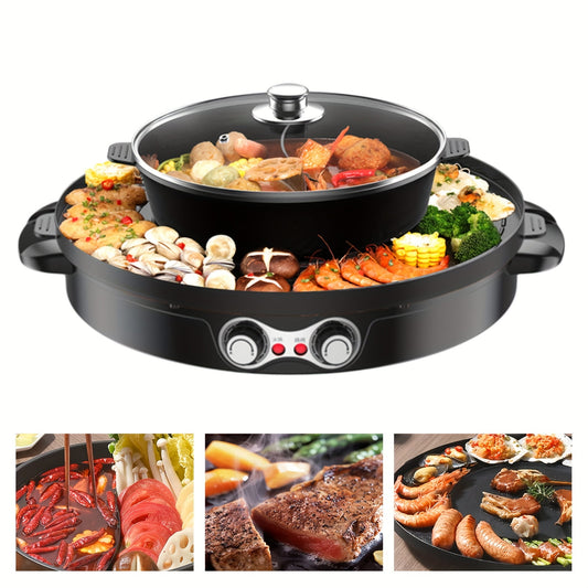 2-in-1 Electric Hot Pot & BBQ Grill - 2200W, Non-Stick Ceramic Coating, Smokeless Indoor Cooking for 5-8 People, Easy Clean