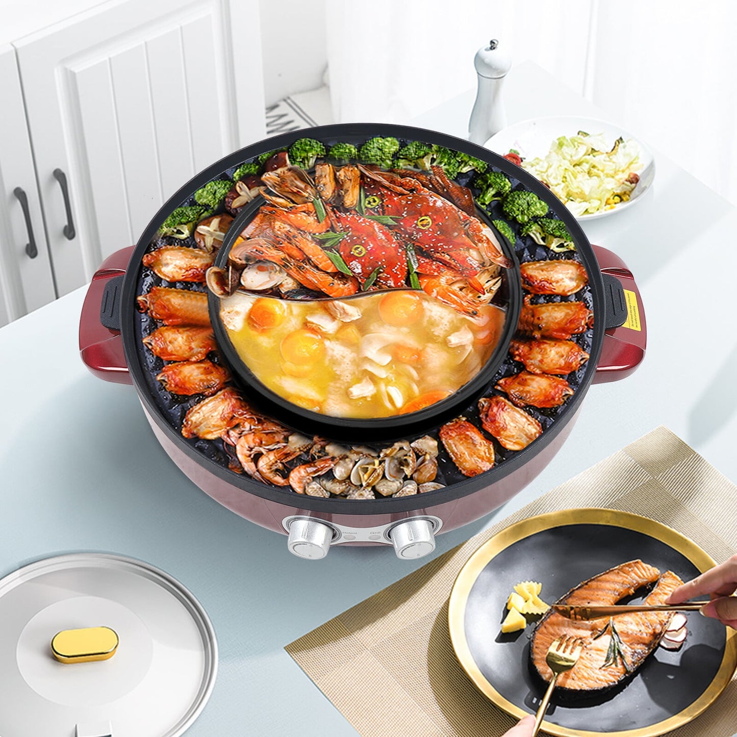 2 in 1 Hot Pot with Grill Hotpot Pot Electric with Grill Electric Smokeless Grill and Hot Pot BBQ Grill Soup Shabu Pot