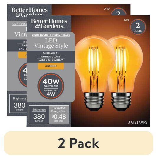 Better Homes & Gardens A19 Vintage LED Amber Light Bulb, 40W Eqv, Dim, E26, Amber Finish - 2 Pk