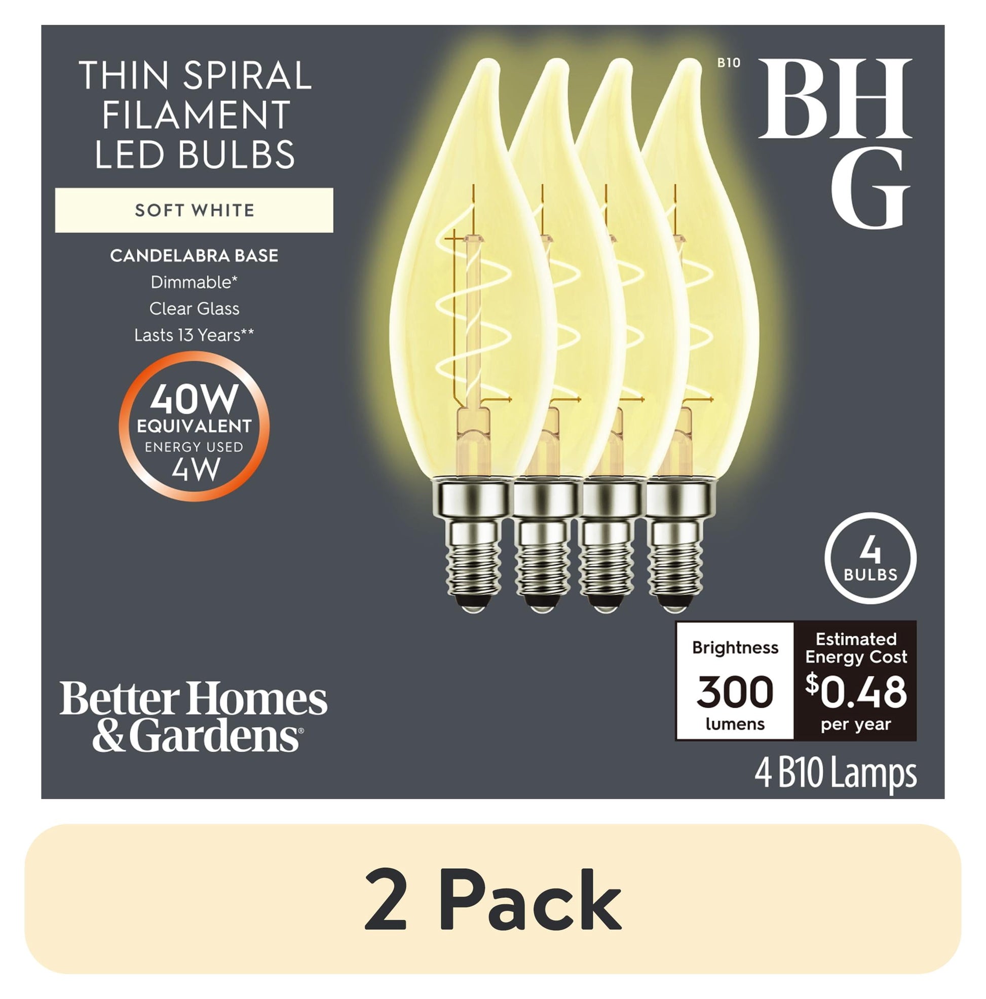 (2 pack) Better Homes & Gardens B10 LED Vintage Light Bulb, 4 Watts (40W Equivalent), Soft White Thin Filament E26 (4 Pack)