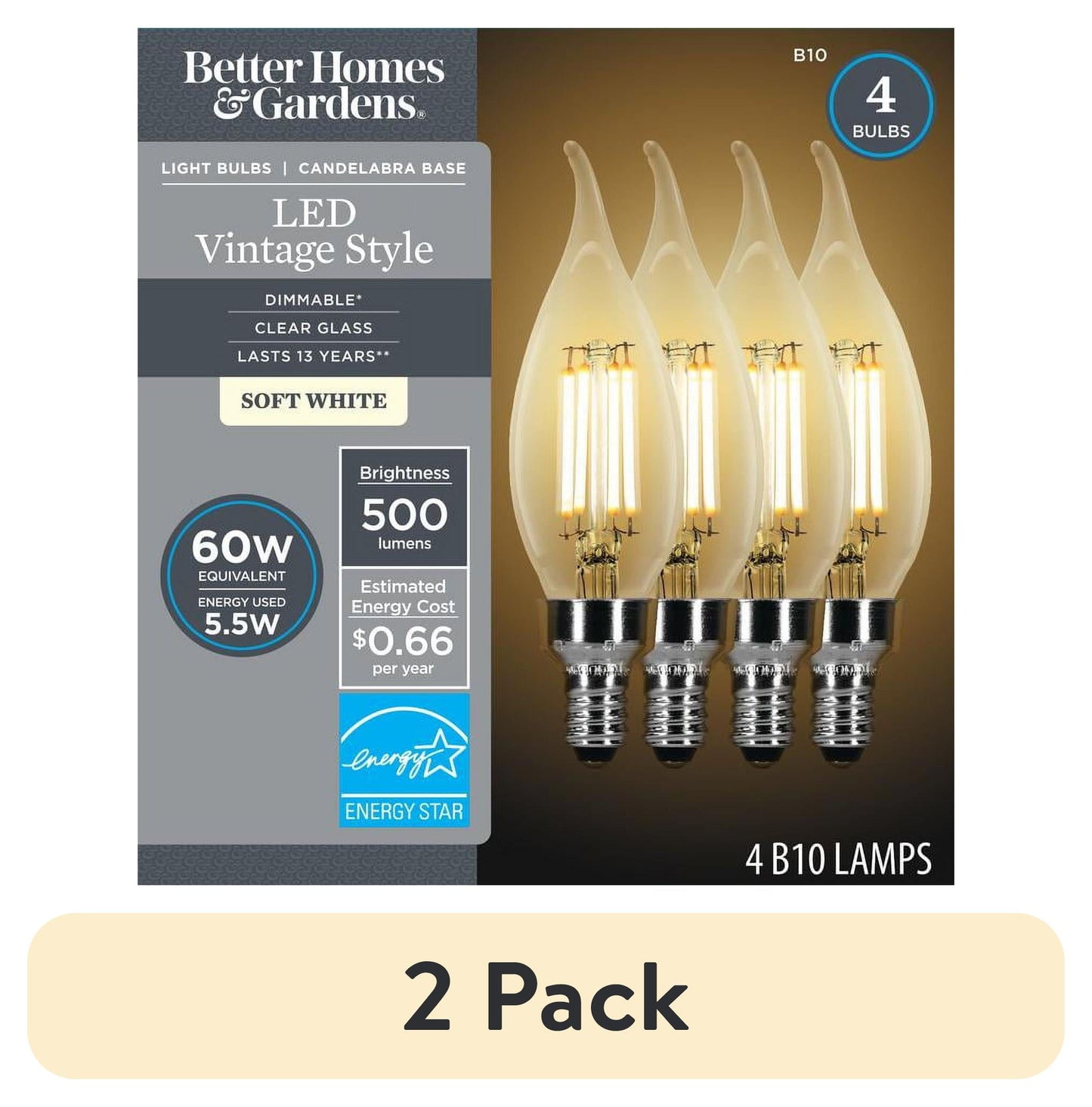 (2 pack) Better Homes & Gardens B10 Vintage LED Light Bulb, 60 Watts, Soft White, E12, Dimmable, 4 Pack