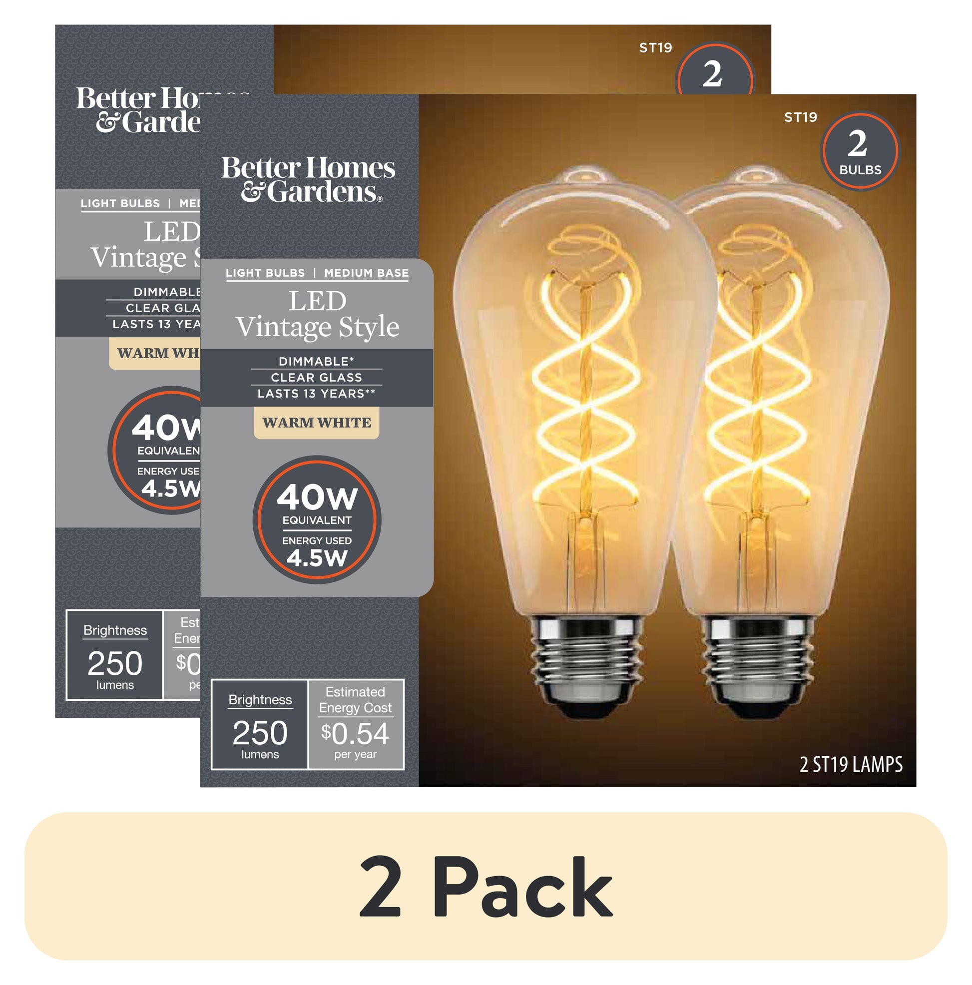 (2 pack) Better Homes & Gardens LED Vintage Light Bulb, ST19 40W Eqv, Warm White Spiral Filament, E26, Dim - 2 Pk