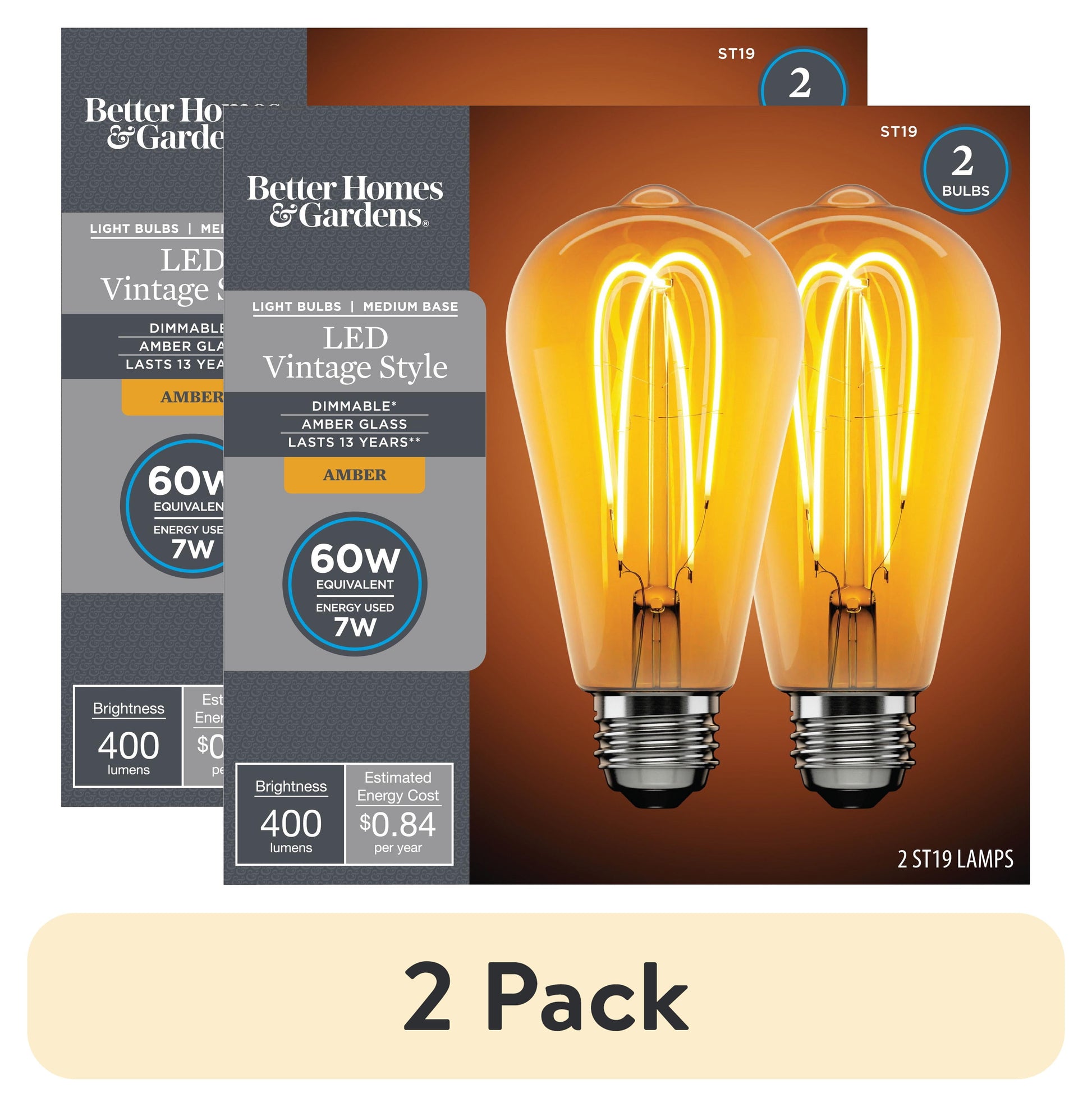 Better Homes & Gardens ST19 Vintage LED Light Bulb, 60 W Eqv, Dim, E26, Amber Glass Finish - 2 Pk