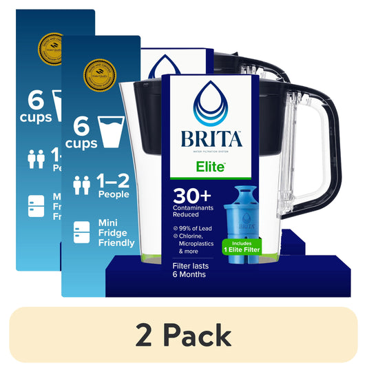 (2 pack) Brita Elite 6-Cup, Black Plastic Water Filtration Pitcher, Reduces Lead