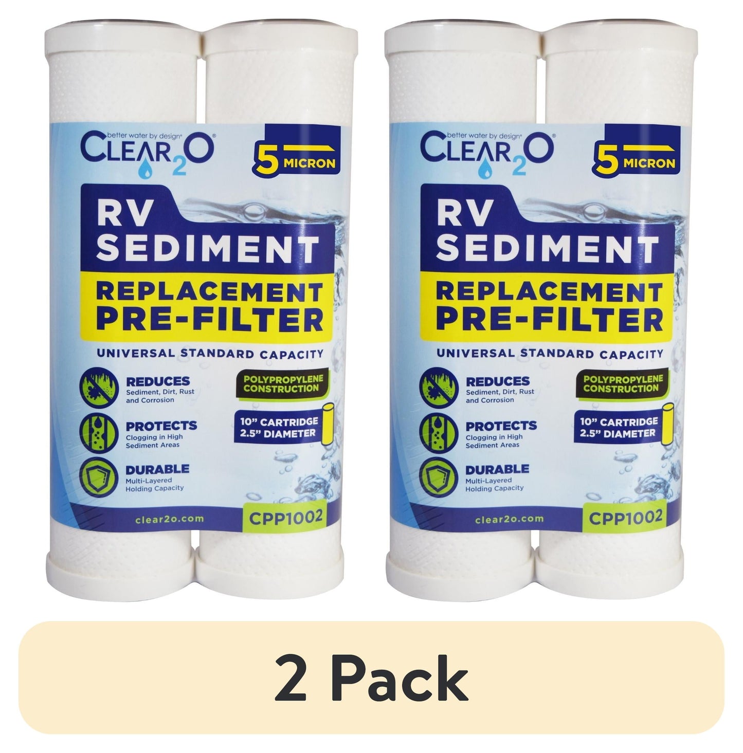 (2 pack) CLEAR2O RV Sediment Universal PreFilter, 5 MICRON, 2 Pack, 10" x 2.5" Reduces Dirt, Sediment, and Rust (CPP1002)