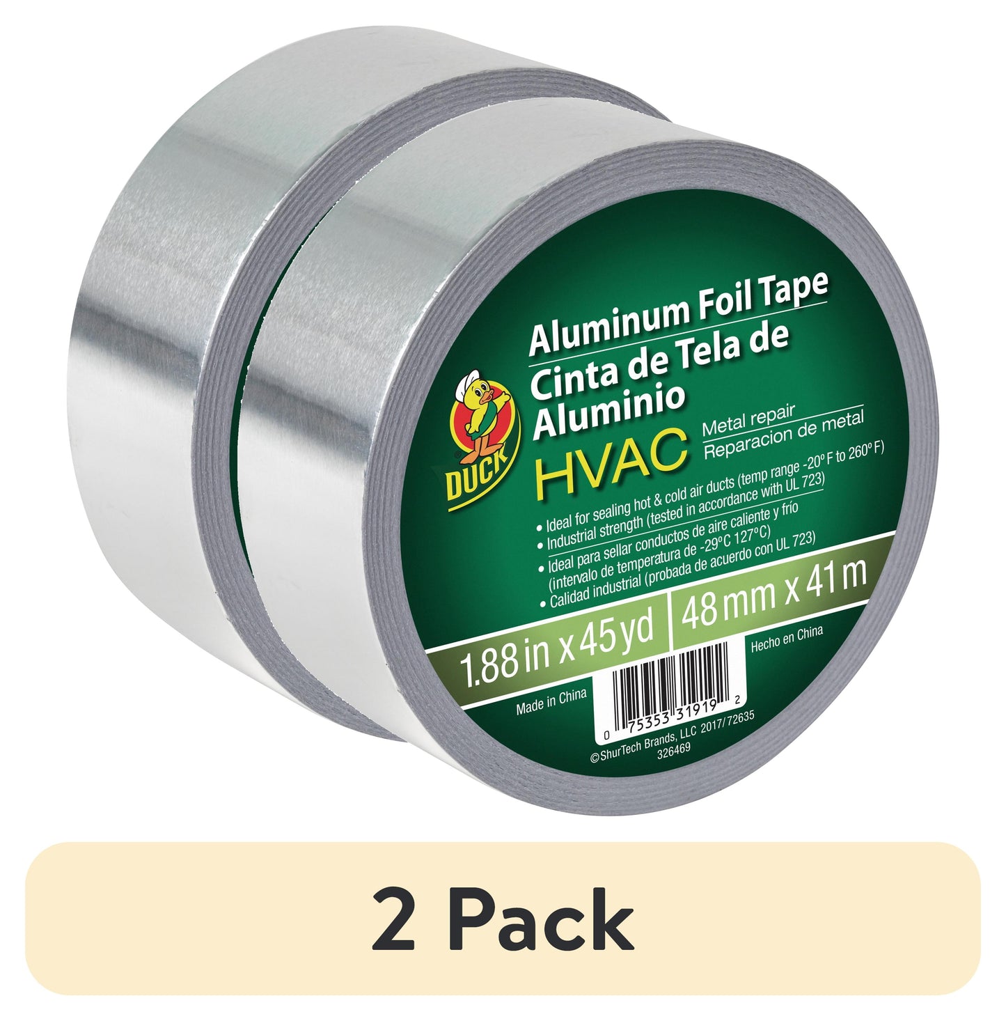 (Paquete de 2) Cinta de Aluminio para ReparaciÃ³n de Metal HVAC Duck Brand, 1.88 in. x 45 yd., Plateado