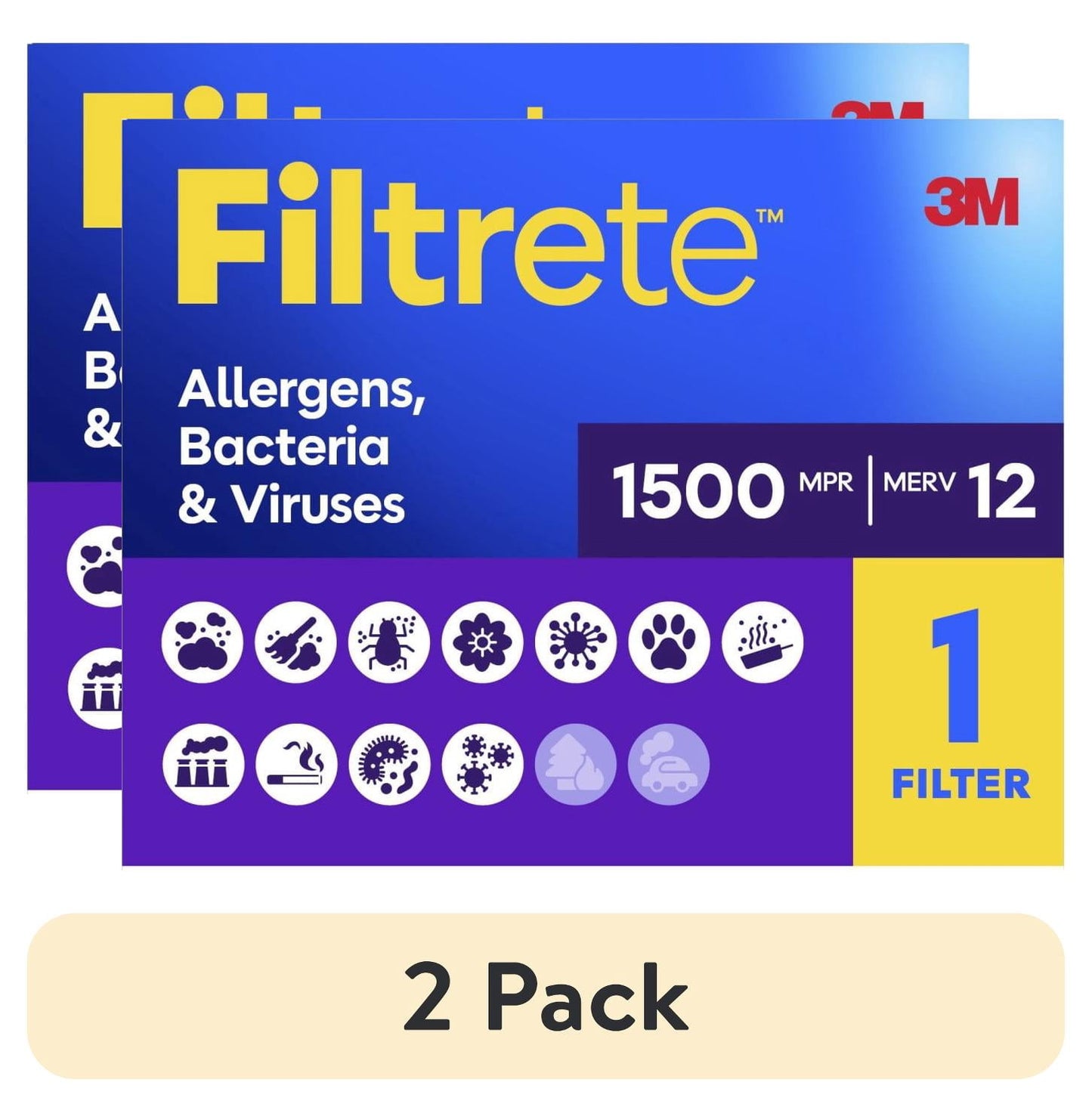 (2 pack) Filtrete 14x18x1 HVAC Furnace Air Filter, MPR 1500 MERV 12, Allergens, Bacteria & Viruses, 1 Filter