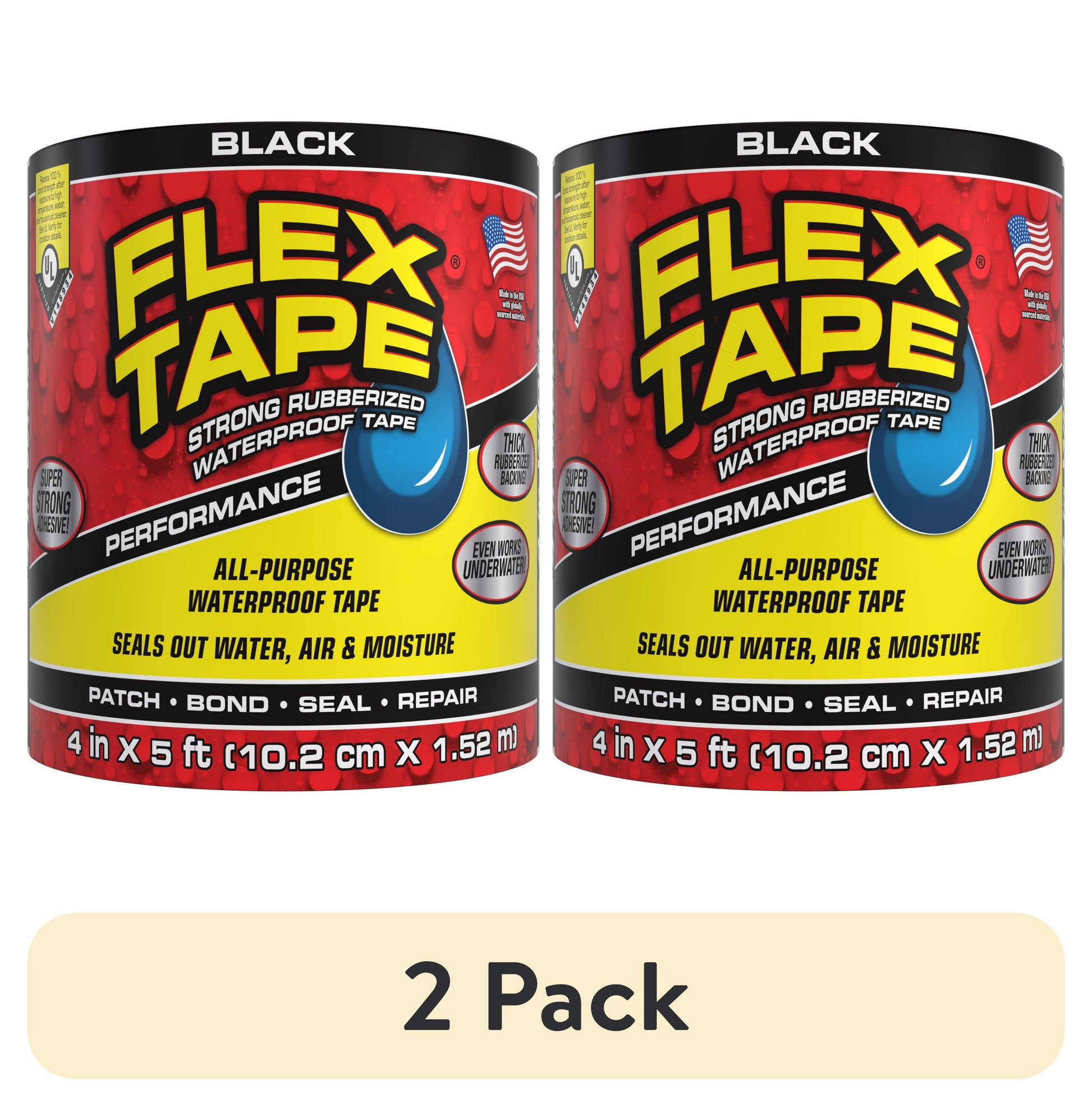 (2 pack) Flex Tape Automotive Strong Rubberized Waterproof Tape, 4 Inches x 5 Feet, Black