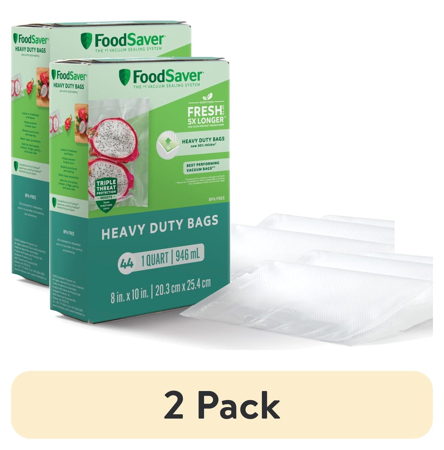 (2 pack) FoodSaver Heavy Duty Vacuum Seal Bags, 1 Quart, 44 Count